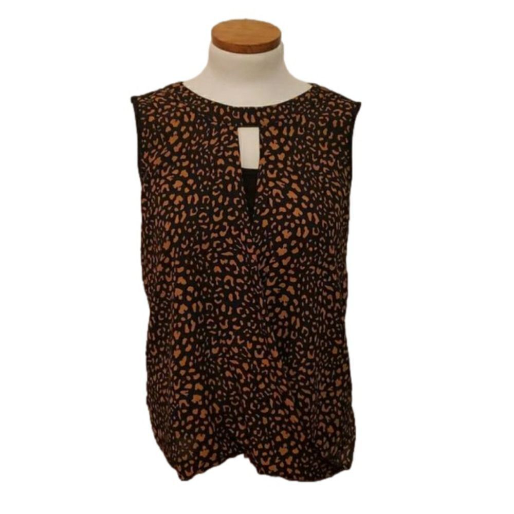 41 Hawthorn Womens Leopard Print Mixed Media‎ Sleeveless Tie Back Blouse Small